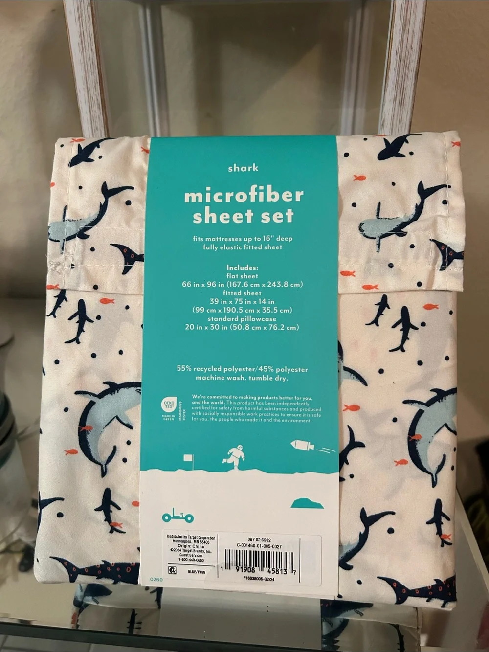 Pillowfort Shark Microfiber Sheet Set - White, Navy & Coral